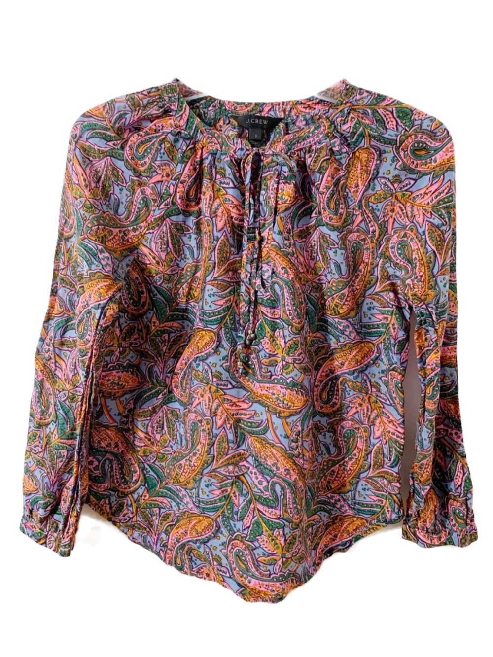 J. Crew Paisley Print Cotton Silk Blend Long Sleeve Tie Neckline Blouse F4612